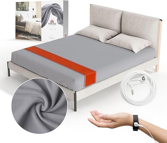 Tier One Home Fitted Grounding Sheets for Earthing, 5% Silver Fiber + 95% Certified Organic Cotton for Better Sleep and Pain Relief. Deep Pockets. Includes Grounding Wristband & Cords (King)