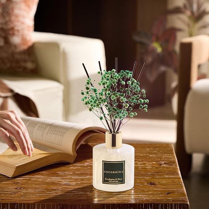 Cocorrína Reed Diffuser Sets- Eucalyptus & Moss Scented Diffuser with Sticks Home Fragrance Reed Diffuser for Bathroom Shelf Decor