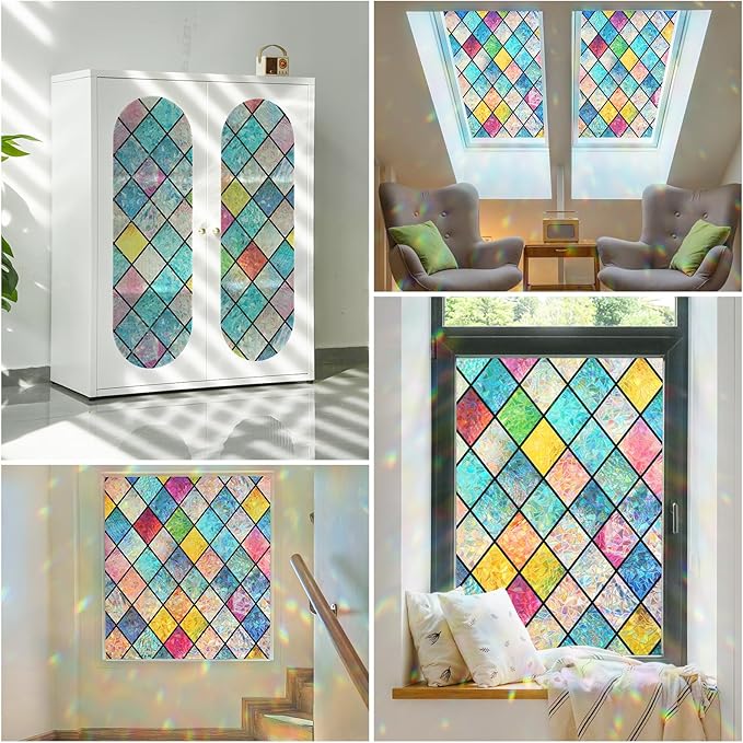 Haton Stained Glass Window Film, Rainbow Window Privacy Film, Decorative Sun Blocking Glass Clings Stickers, Static Cling Colorful Lattice Coverings Decals for Home Door 17.5" x 118.1"