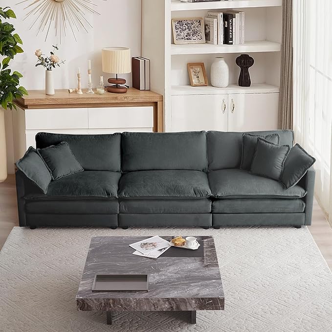 mikibama Luxury Modular Sectional Sofa, 111.5" Modern Chenille Comfy Cloud Couches for Living Room Office, 3 Seater Deep Sofa with 2 Armrest Pillows and 3 Toss Pillows, Grey