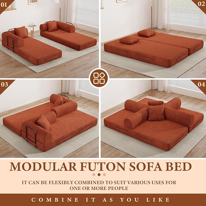 77" Convertible Sofa Bed, Modular Folding Futon Corduroy Floor Foam Compressed Loveseat Sleeper Sofa Couch, Pull Out Queen Size Couch Bed with 2 Pillows for Living Room Guest Room Studio, Orange