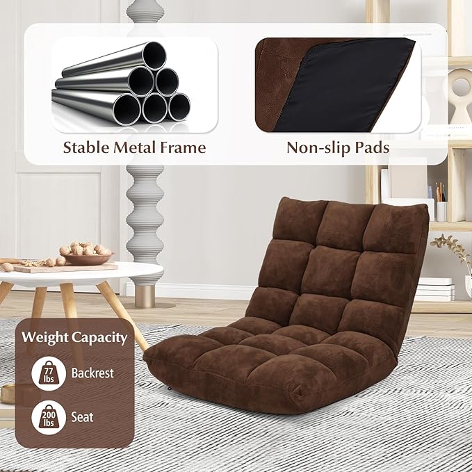 Folding Floor Chair w/Back Support, 14-Position Adjustable Lazy Sofa Chair w/Coral Velvet Fabric & Alloy Steel Frame, Portable Meditation Chair for Reading, Gaming,Sleeping (Coffee)