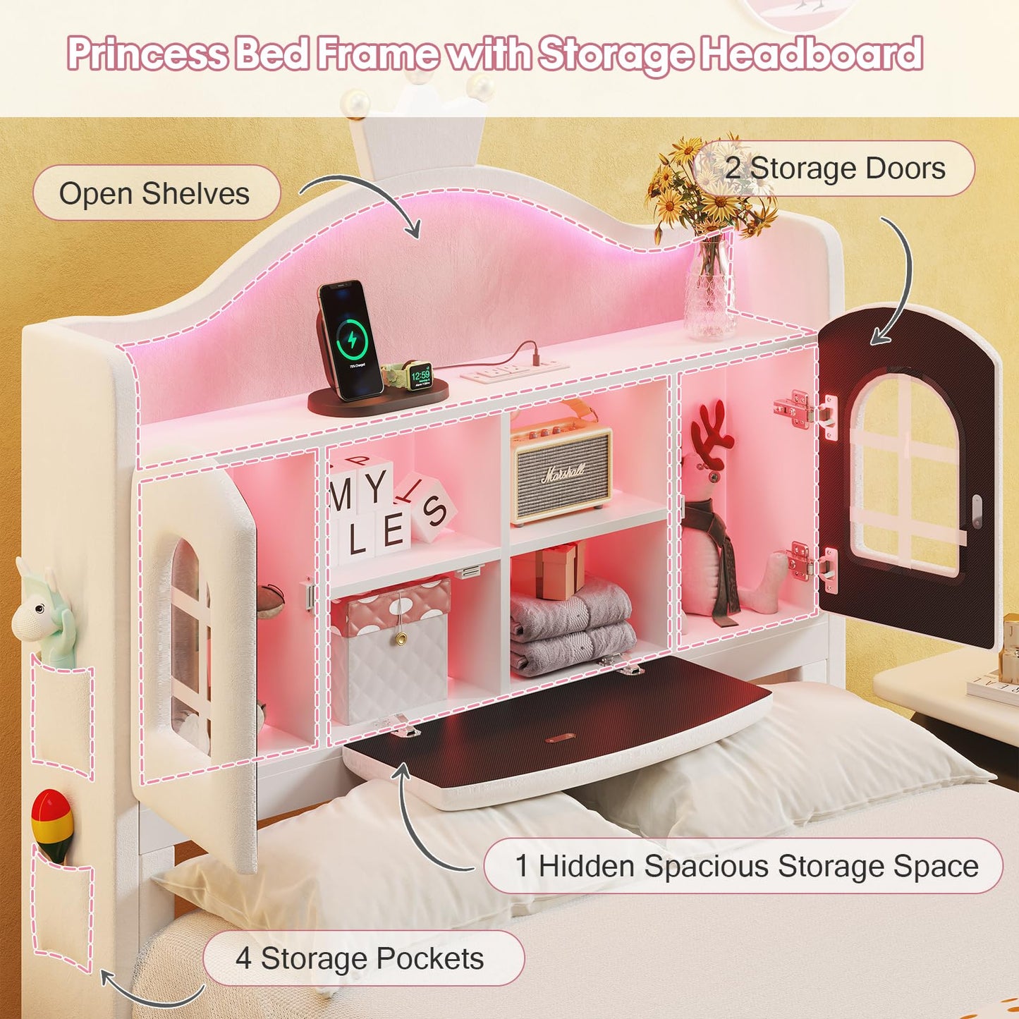 Dnxao Twin Bed Frames with Storage Headboard,4 Pockets, Princess Bed with LED Lights,Charging Station,Girl Bed with Solid Wood Slats Support,Easy Assembly,Creamy White