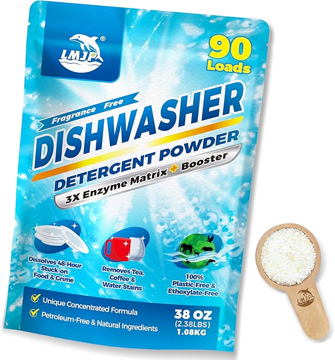 Dishwasher Detergent + Booster - 90 Loads, Plastic Free & Natural Cleaner Concentrated Dish Soap with Enzymes - Cuts Grease & Grime, No Residue - Dishwasher Pods Alternative, Truly Fragrance-Free