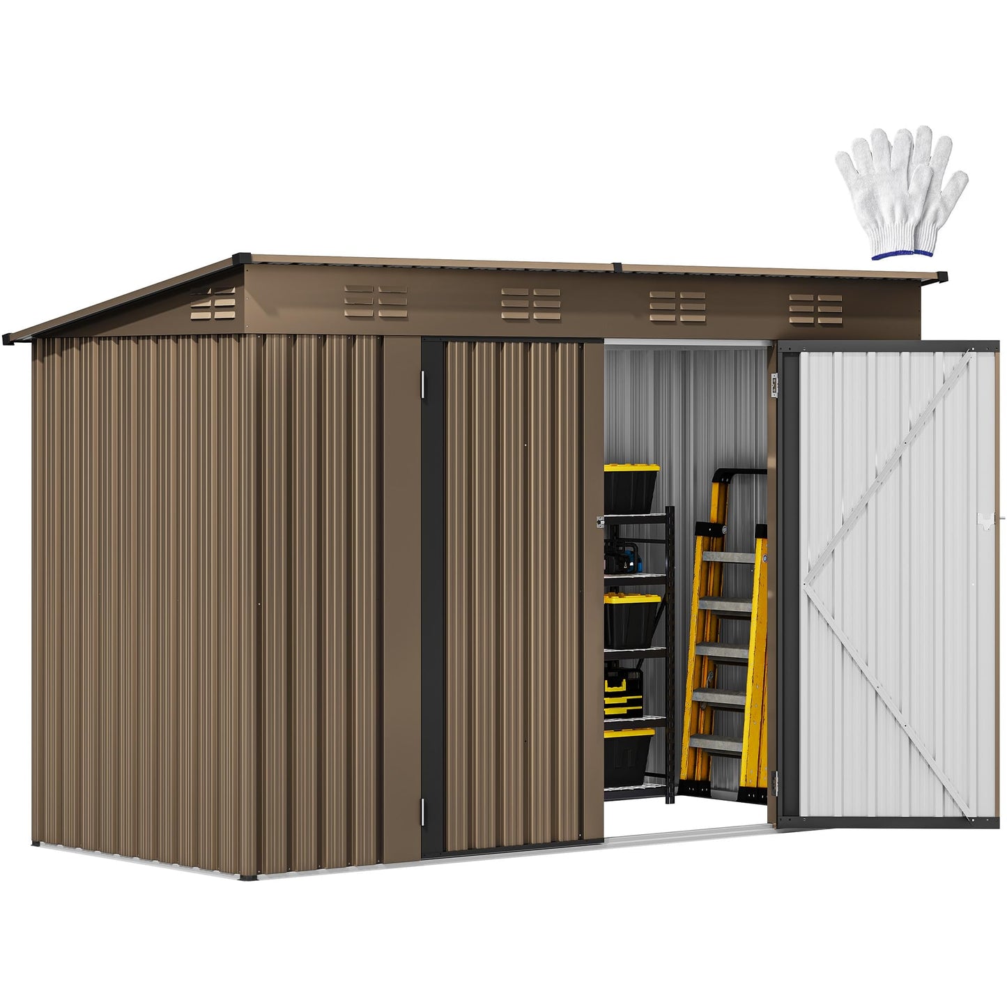 DWVO 9x4ft Large Outdoor Storage Shed, Metal Tool Sheds, Heavy Duty Tool Storage with Lockable Doors & Air Vent for Backyard Patio Lawn to Store Bikes, Tools, Lawnmowers,Brown