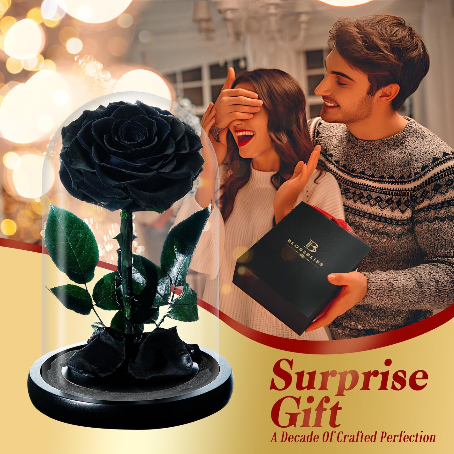 BLOSSBLISS Forever Preserved Flower Real Black Rose in Glass Dome, Flower Gift for Men Him Her Wife Husband Mother, Eternal Flowers for Christmas,Valentine's Day, Thanksgiving Day, Birthday,9 Inch