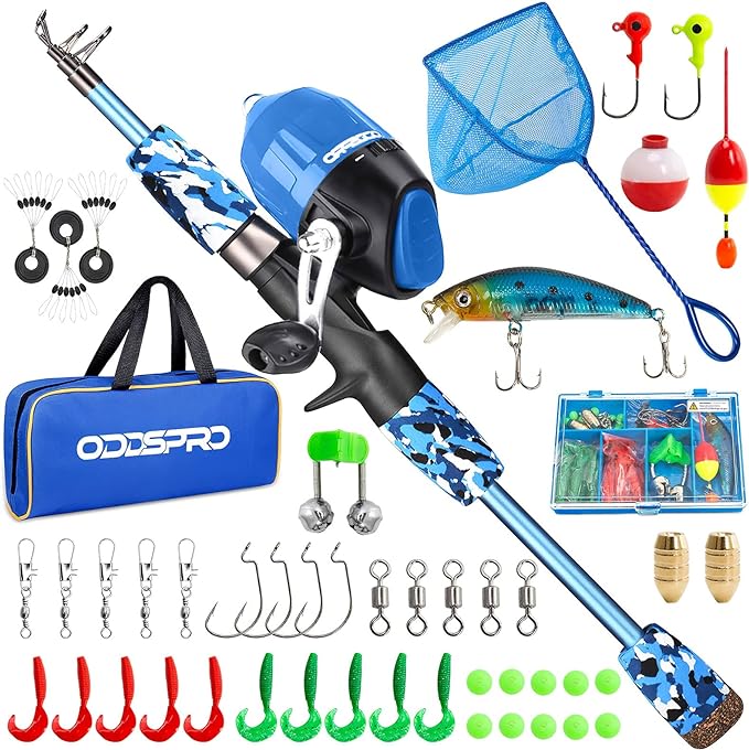 ODDSPRO Kids Fishing Pole Pink, Portable Telescopic Fishing Rod and Reel Combo Kit - with Spincast Fishing Reel Tackle Box...