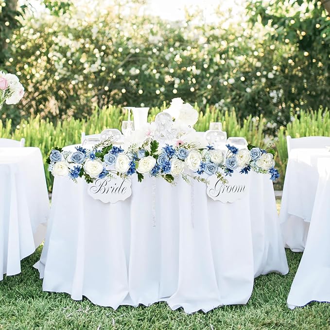 DearHouse 2Pcs Artificial Peony Flower Garland - Silk Peony Garland with Purple White Flowers for Wedding Party Table Decoration,6ft/Strand(White& Blue&Dark Blue)