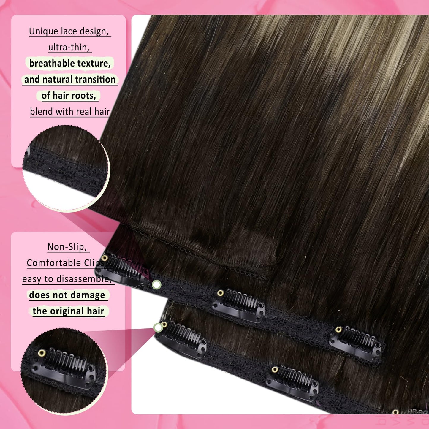 YoungSee Clip in Real Hair Extensions Balayage Brown Human Hair Clip in Extensions Chocolate Brown with Ash Blonde Balayage Real