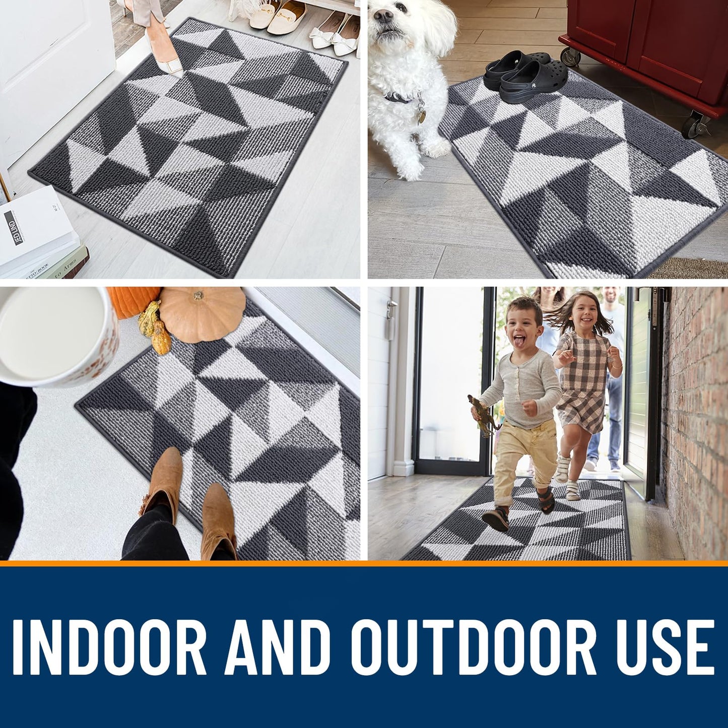 OLANLY Large Door Mat Indoor Entrance Washable 59x35, Odor-Free Low-Profile Front Back Geometric Doormat, Absorbent Resist Dirt Entry Carpet, Easy to Clean Sturdy Floor Mats for Entryway, Dark Grey