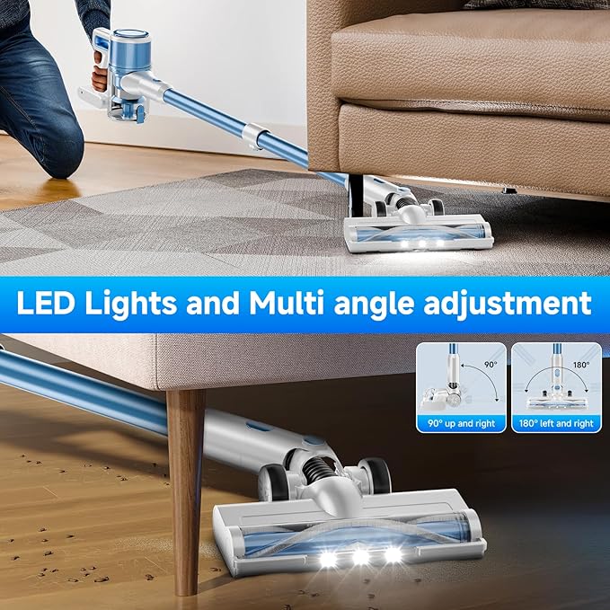 Cordless Vacuum Cleaner for Home - Lightweight, Stick Vacuum Clean with Rechargeable Battery, Max 45Mins Runtime, 8 in 1 Handheld Vacuum for Hardfloor & Carpets Pet Hair, Blue&White
