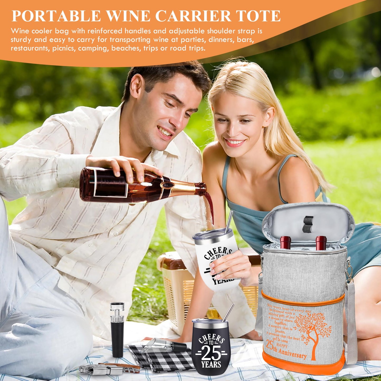 Dolficy 25th Anniversary Wine Cooler Bag Gift for Couples, Wedding Gifts for Parents, Friend, Her, Him, 25 Years Mr. & Mrs Insulated Cooler Tote, Tumbler and Accessories