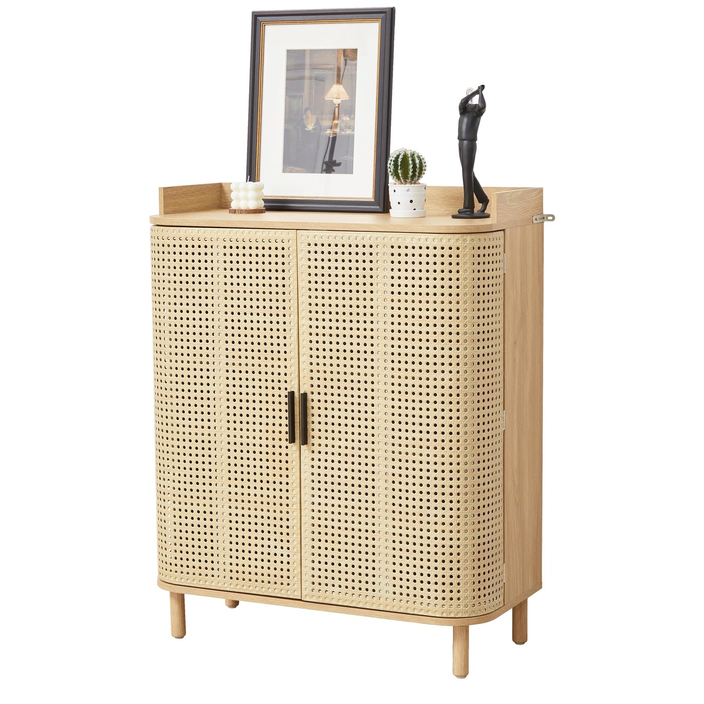 ORRD Shoe Cabinet, 5 Tier Boho Wooden Shoe Storage Organizer Cabinet with Adjustable Shelves, Shoes Rack with Iron Rattan Curved Doors Accent Cabinet for Entryway Hallway Living Room, Natural
