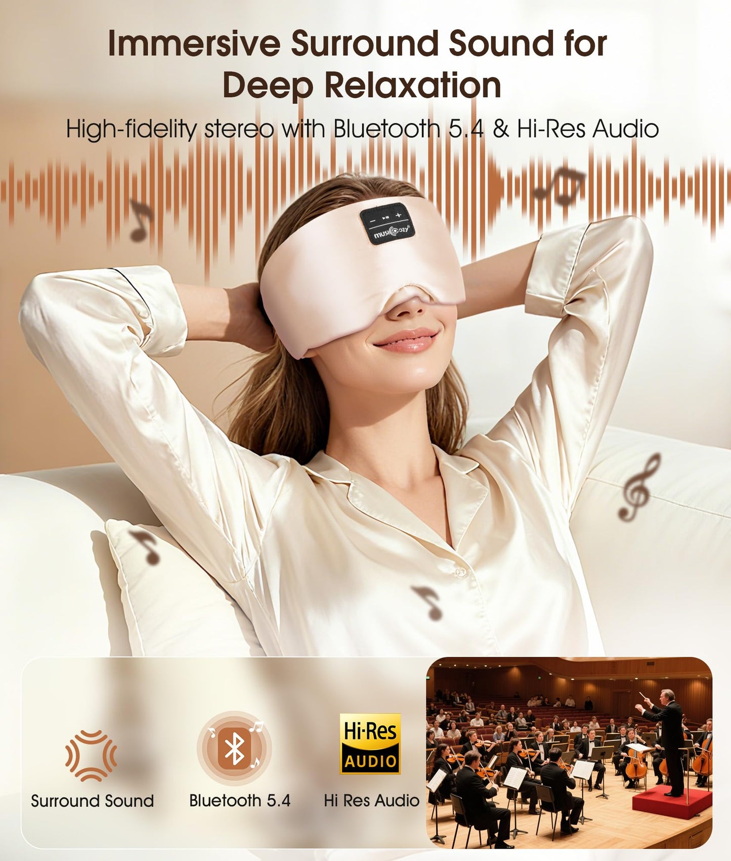 MUSICOZY 3D Silk Bluetooth Sleep Mask Headphones, Mulberry Silk Eye Mask with Ultra-Thin Wireless Speakers, Bluetooth 5.4 Sleeping Headphones for Side Sleepers, Music Sleep Mask Gifts for Men Women