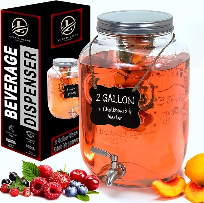 2-Gallon Glass Liquor Decanter Drink Dispenser for Parties - 100% Leakproof Stainless Steel Spigot + Marker & Label and Fr...