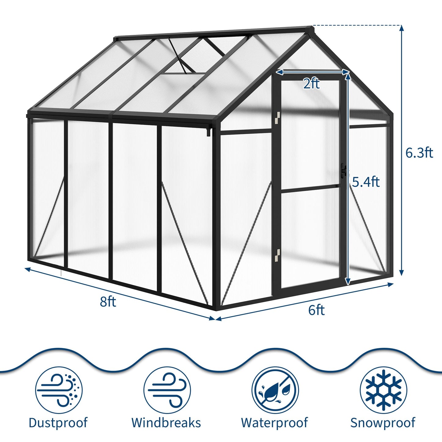 6 X 8 FT Greenhouse, Outdoor Greenhouses, Polycarbonate Panels with Aluminum Frame, Adjustable Roof Vent and Lockable Door, Green Houses for Outside Backyard, Garden, Patio