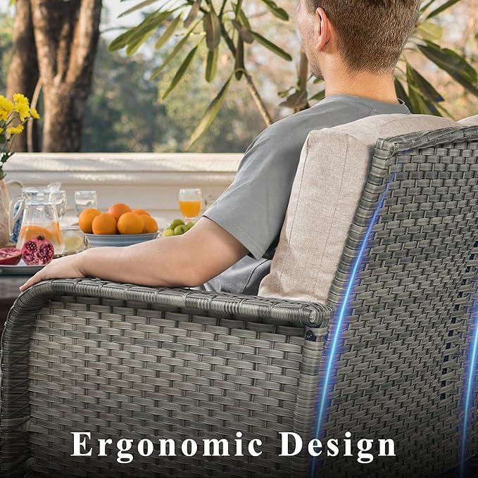 CAODOC 6-Piece Wicker Patio Furniture Set, All-Weather Rattan Conversation Bistro Loveseat Chair and Table Set for Backyard, Balcony and Deck with Soft Cushions and Metal Table(Beige)