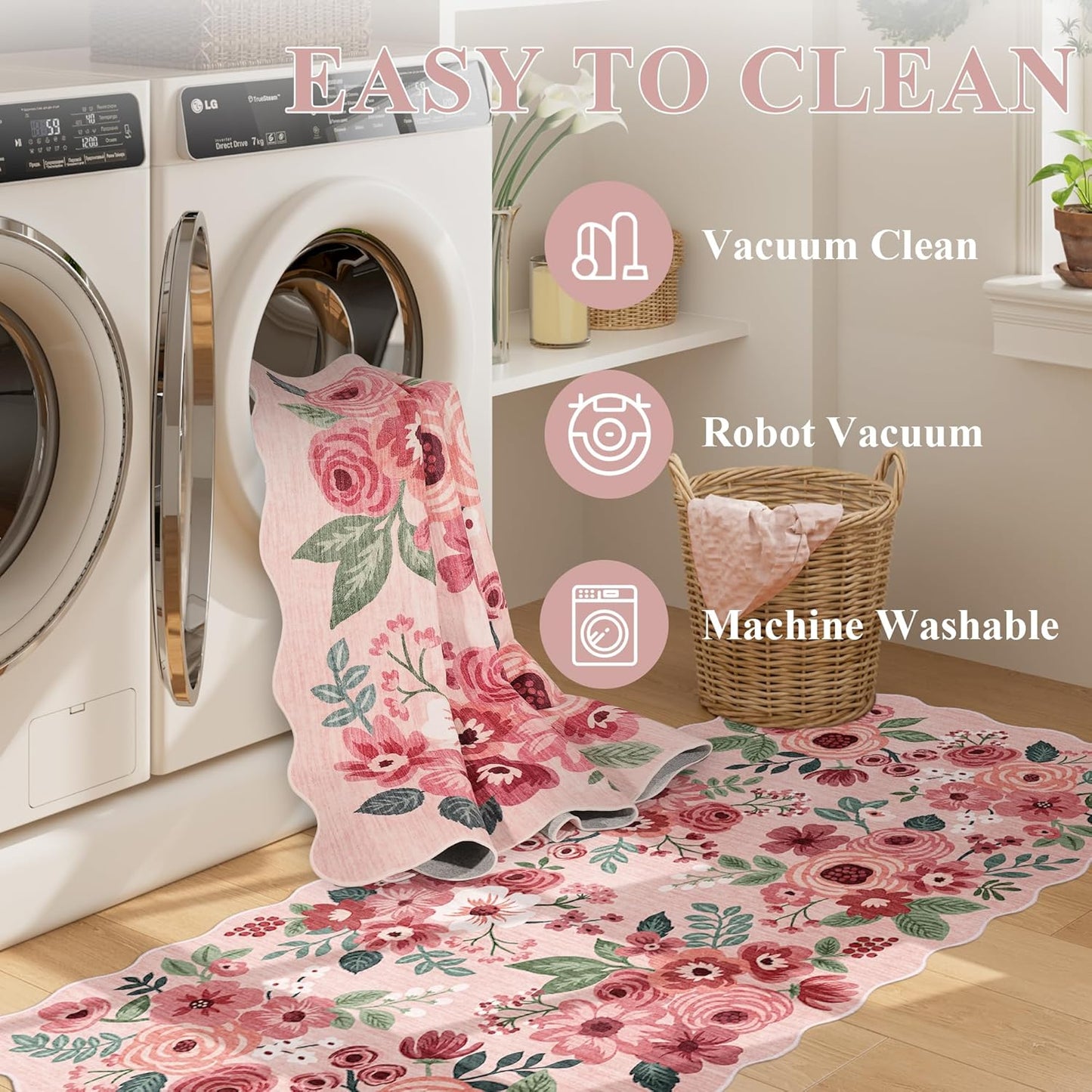 DUKINO 2x5 Washable Runner Rugs, Non Slip Floral Print Entryway Rug with Soft Low Pile, Lightweight Mat for Living Room, Bathroom, Bedroom, Kitchen, Pink