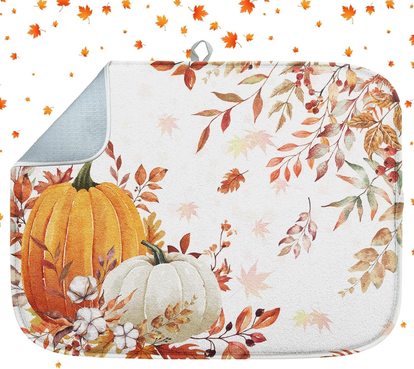Sanwarm Autumn Orange White Pumpkin Absorbent Dish Drying Mat,Fall Leaves Thanksgiving Microfiber Pad for Kitchen Counter, Coffee Bar Decor, Heat Resistant and Reversible,16" x 18"
