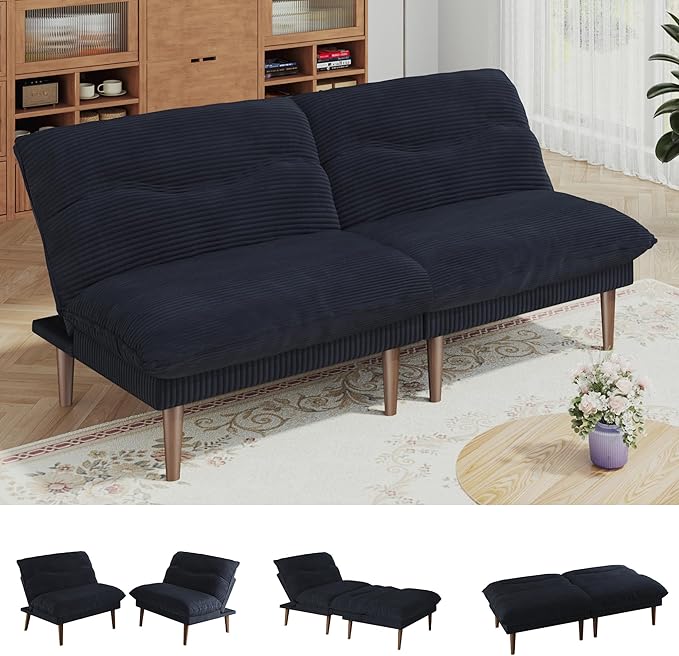 DreamDashio Futon Sofa Bed, 4 in 1 Multi-Functional Futon Couch with Adjustable Backrest, 75 inch Convertible Sleeper Sofa Bed and Recliner Lounge, Corduroy Loveseat for Living Room, Apartment, Black