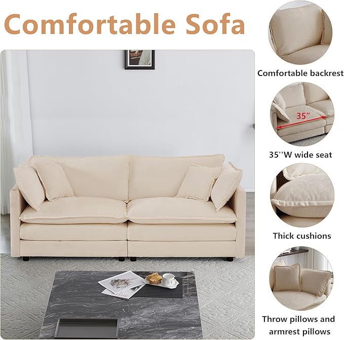 mikibama Luxury Loveseat Sofa Couch, 76" Modern Chenille Deep 2-Seater Cloud Couch with 2 Armrest Pillows and 2 Toss Pillows, Love Seat for Living Room Bedroom Office Apartment, Light Coffee