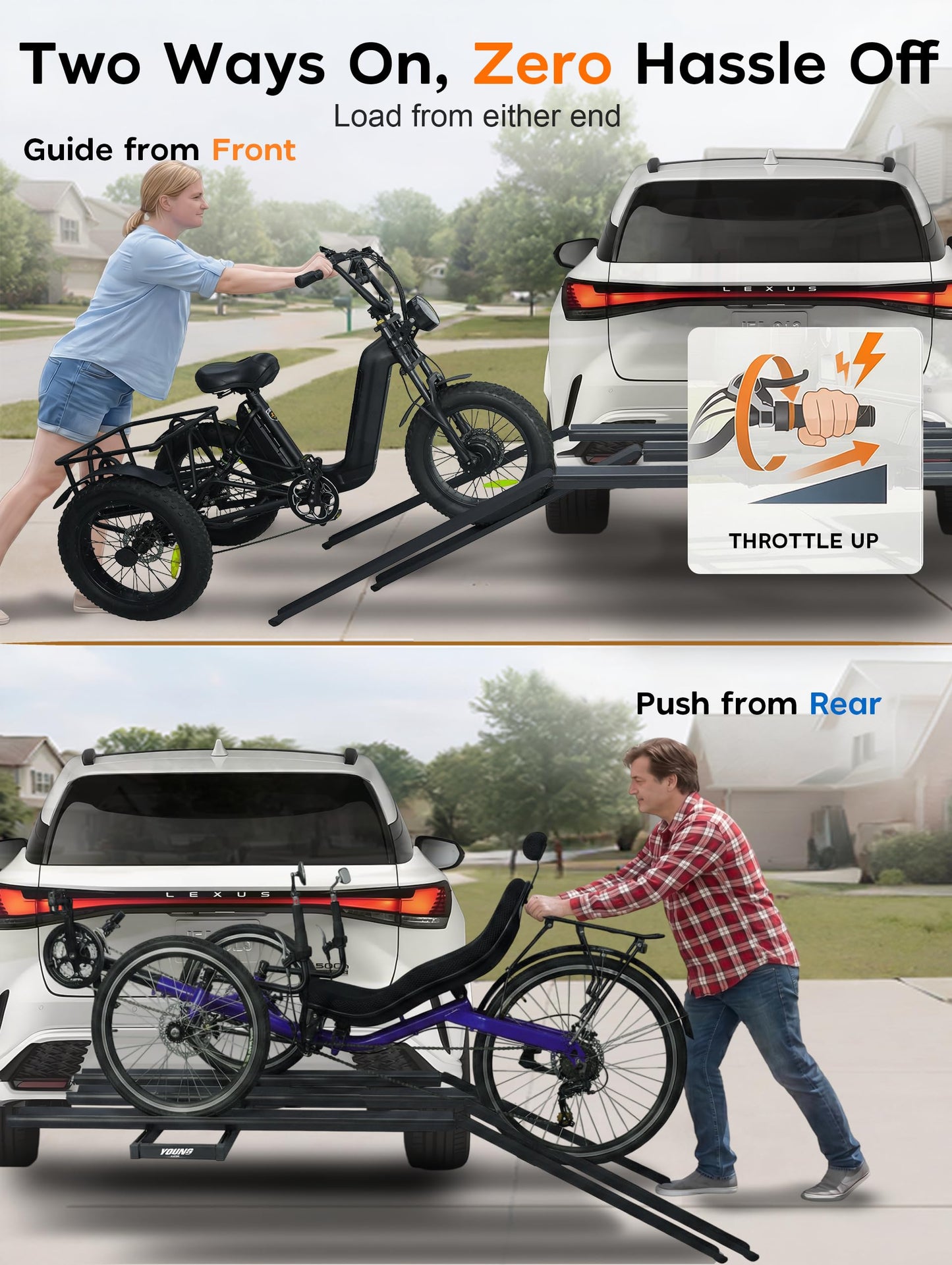 Hitch Mount Trike Rack for Tricycles - Bike Rack with 3 Ramps for Fat Tires Electric Trike, Adjustable Etrike Rack for Adult Tricycle, Folding Trikes Carrier for Cars, Trucks, SUVs, RVs 2" Receiver