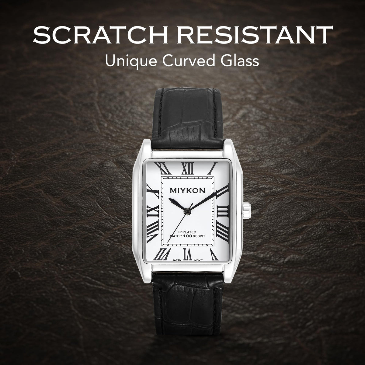 Miykon Vintage Watches for Men - Tank Square Silver Analog Watch with Black Genuine Leather Wrist Strap for Classic Dress - Ion Polished, Scratch Resistant Glass, Japanese Quartz, Waterproof to 100ft