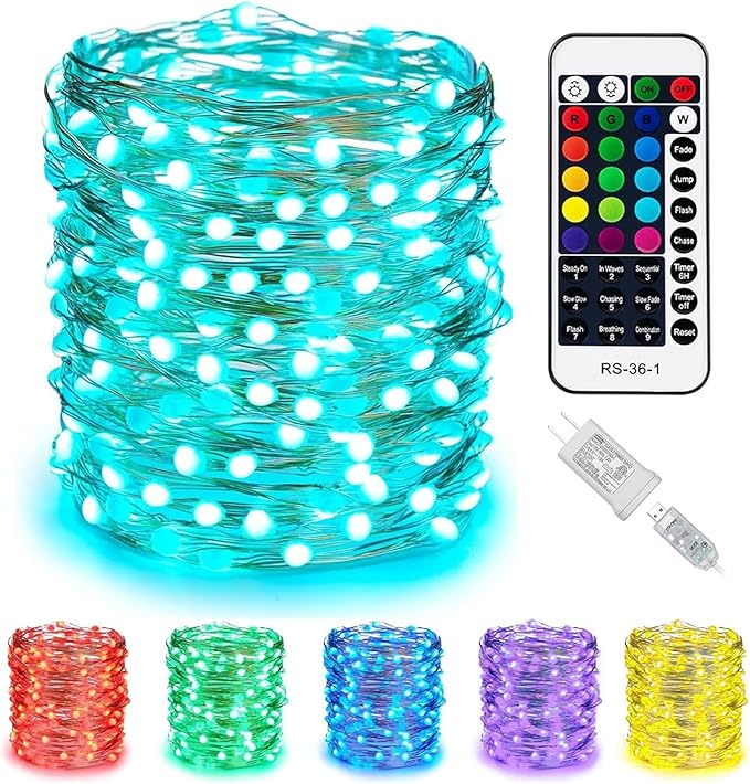 Minetom Color Changing Fairy String Lights - 33 ft 100 LED USB Silver Wire Lights with Remote and Timer, Starry Fairy Ligh...