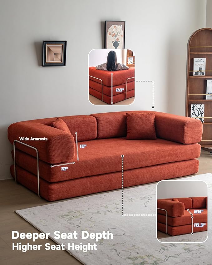 No Assembly Convertible Sofa Bed & 79" Boneless Couch with Pocket , 5-in-1 Futon Sofa Bed with 2 Pillows Modular Pull Out Couch Bed with Frame,Compression in Box for Living Room Small Spaces Orange