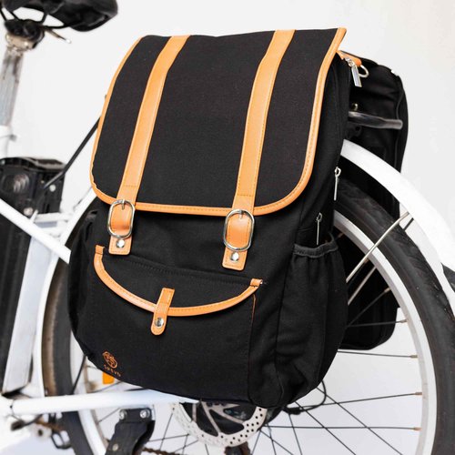Double Bike Pannier Backpack Laptop Bag 17.3L – Convertible Panniers for Bicycles, Water-Resistant Canvas Commuter, Rear Bike Rack Bags for Laptops, Gift for Bicycle Lovers (Black)