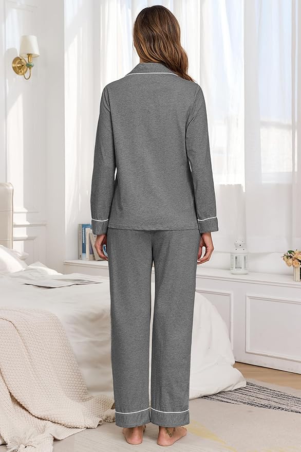 Veseacky 100% Cotton Pajamas for Women Set Long Sleeve Button Down Sleepwear Soft Pjs Lounge Sets with Pockets XS-XXL