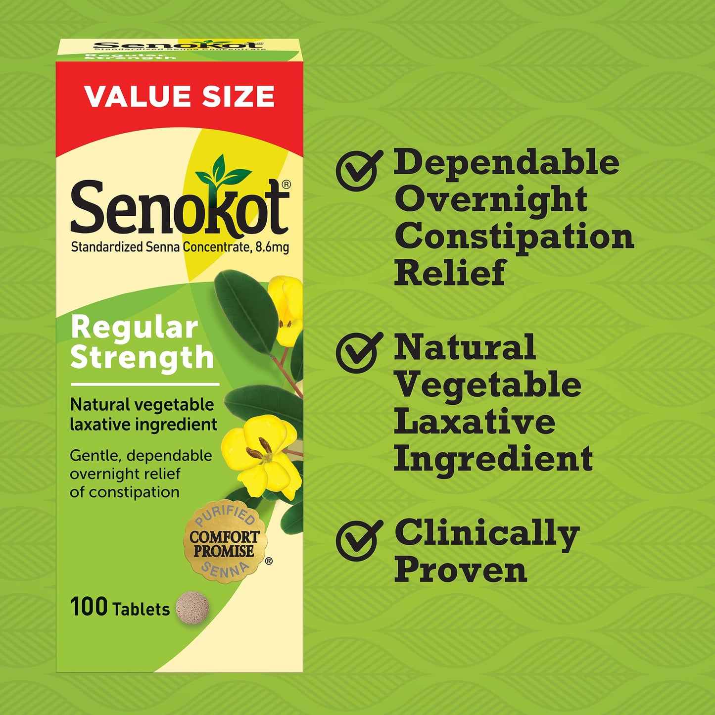 Senokot Regular Strength Senna Laxative Tablets Constipation Relief for Adults, 100 count