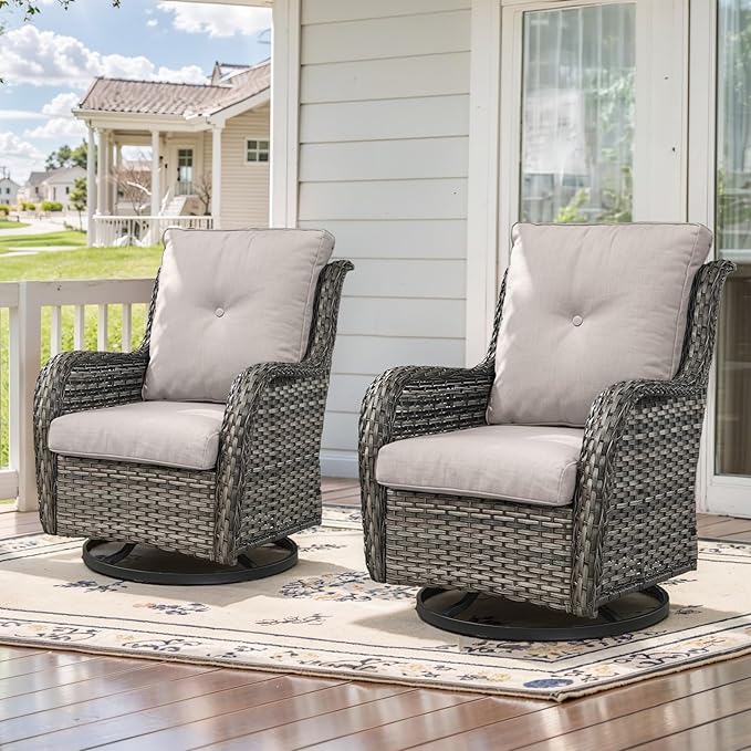 Belord Outdoor Swivel Rcoker Patio Chairs - Outdoor Swivel Patio Chairs Set of 2 Wicker Chair Patio Furniture Sets with Covered Cushion for Porch Deck Balcony Garden, Beige