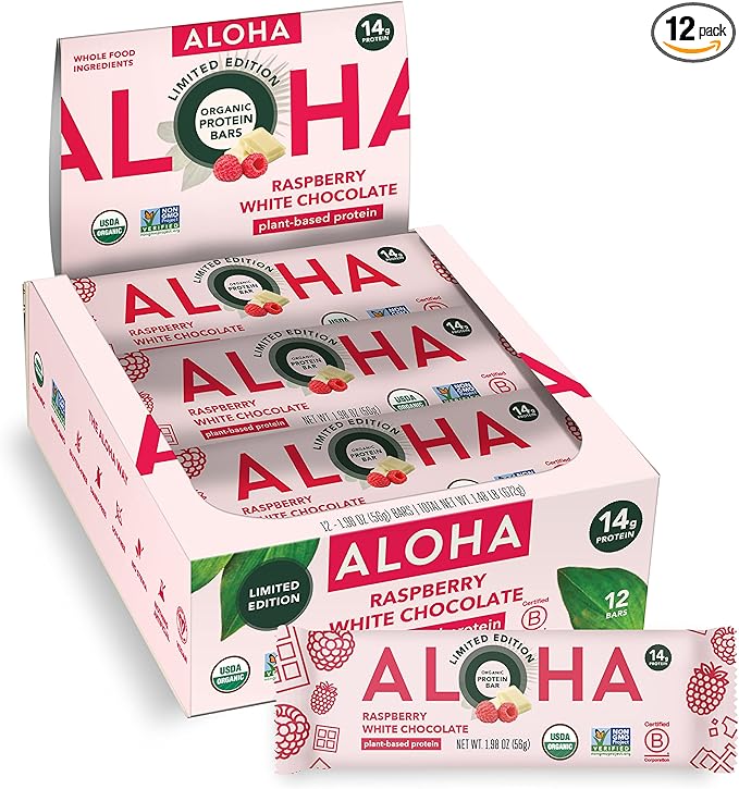 ALOHA Organic Plant Based Protein Bars | Raspberry White Chocolate | 12 Count, 1.98oz Bars | Vegan, Low Sugar, Gluten Fre...