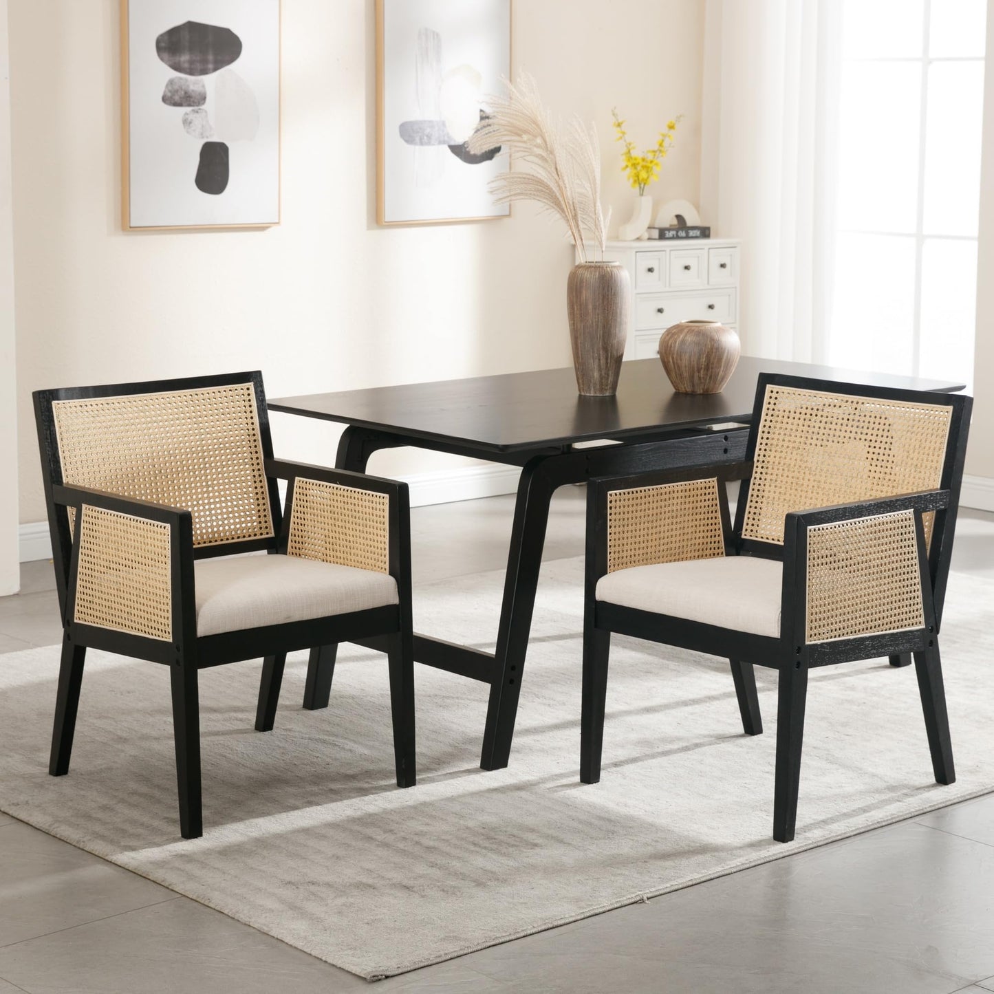 BESTANO Rattan Back Dining Chairs with Arms Set of 2, Mid Century Modern Dining Chairs Linen Fabric Upholstered Kitchen Chairs Side Chairs with Black Wooden Frame for Dining Room, Cream
