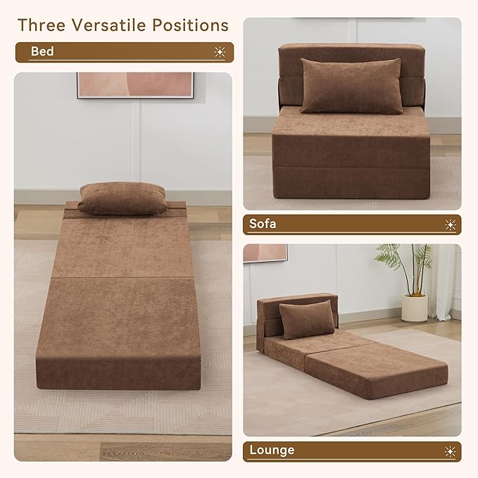 WUTUTUEE Folding Sofa Bed Convertible Floor Couch Foldable Chair Bed with Pillow，Linen Sleeper Chair Futon,Foldable Memory Foam Mattress for Bedroom/Living Room/Dorm/Office (Brown, Single)