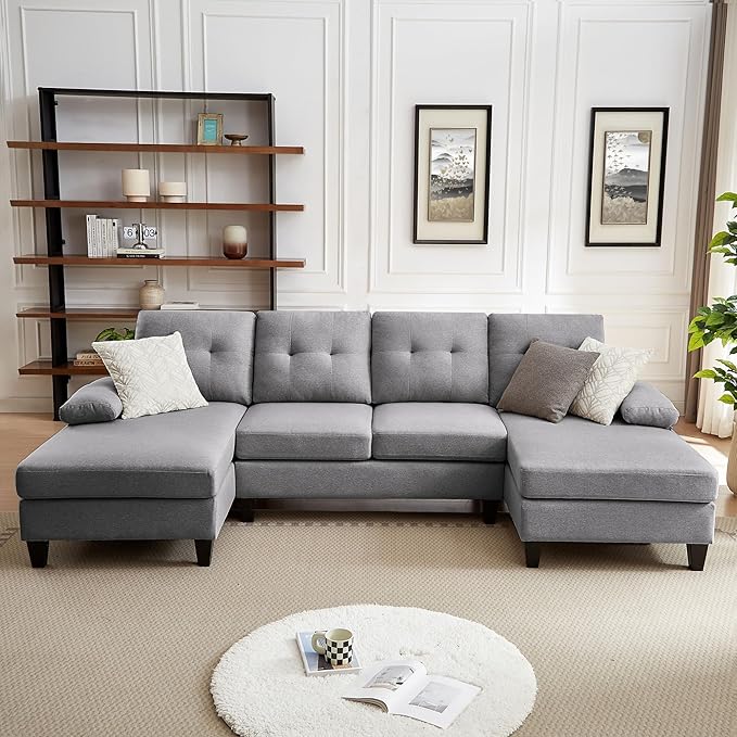 Chireca 111" Sectional Couch for Living Room, Modern Polyester Fibre U Shaped Sofa Couches with Double Chaise, Upholstered 4 Seater Sofa for Living Room, Apartment, Office, Light Grey