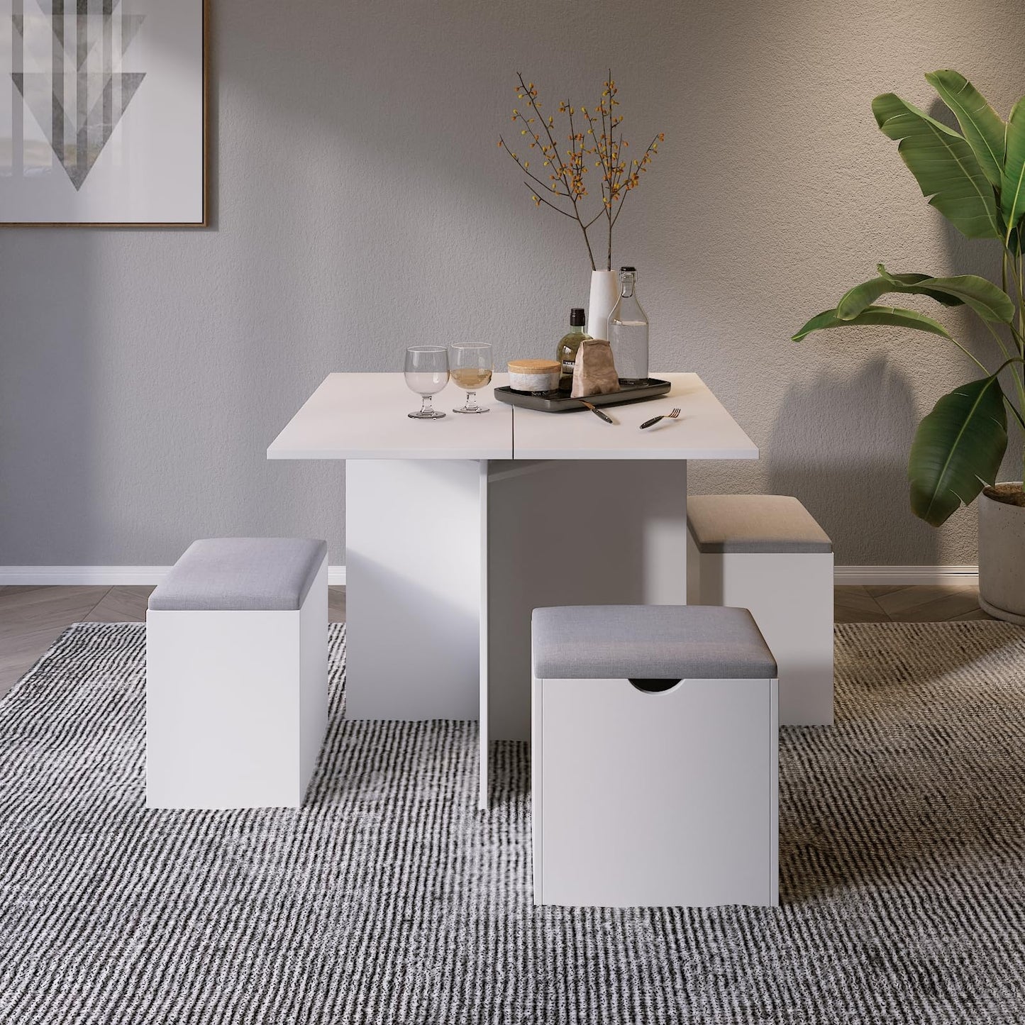Mondeer 5-Piece Dining Table Set, Small Kitchen Table Set with 4 Stools Compact Space-Saving for Dining Room Kitchen Modern (White and Grey)