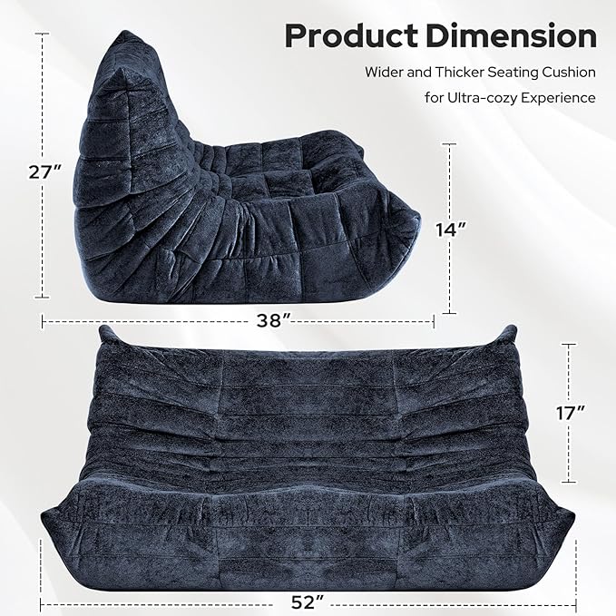 HABUTWAY Bean Bag Chair, Giant Bean Bag Chairs for Adults, Loveseat Fireside Chair, 2 Seater Lazy Bean Bag Sofa Memory Foam Couch for Living Room, Bedroom, Office (Navy Blue)