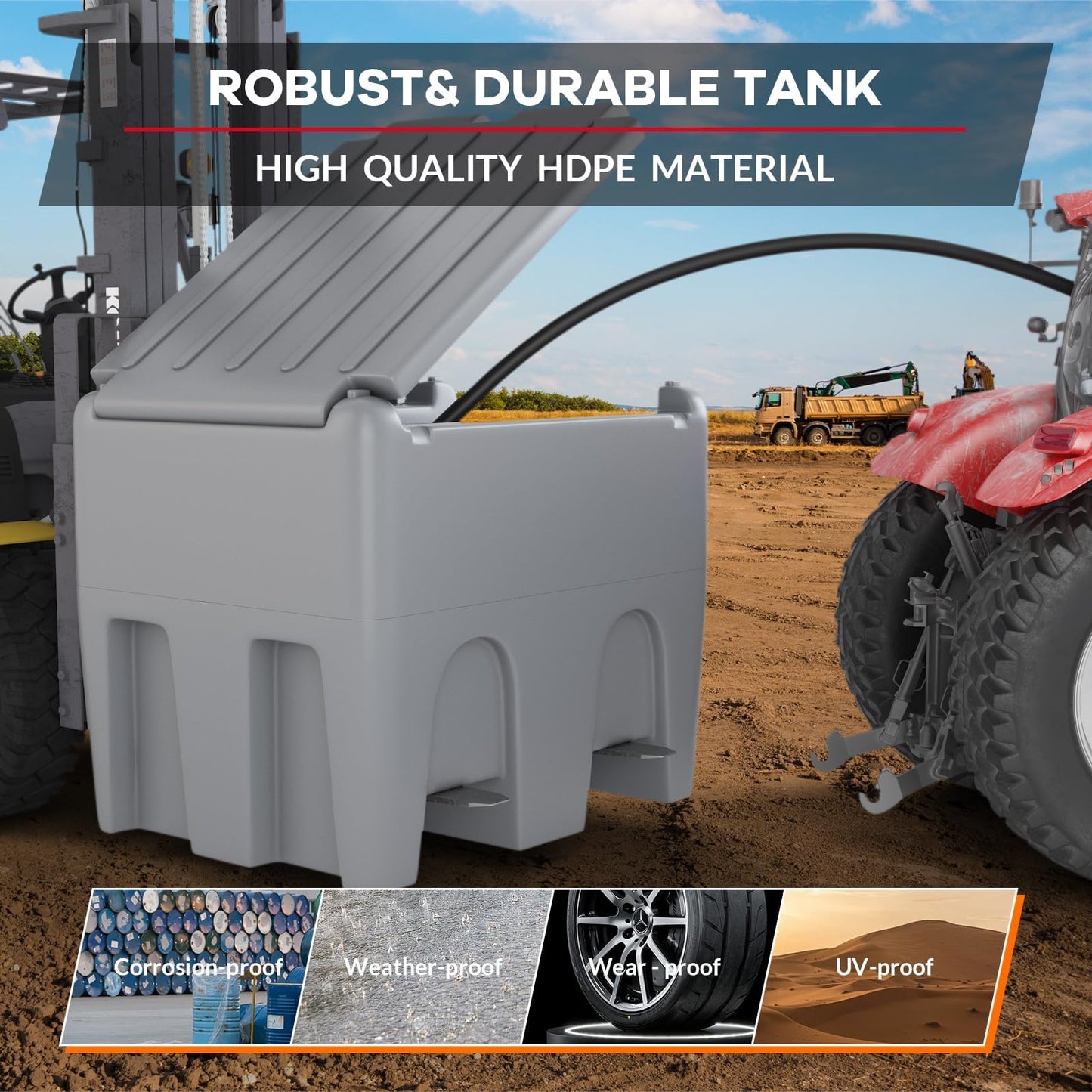 48 Gallon Portable Diesel & Gasoline Transfer Tank w/ 12V DC Pump, 10GPM Flow, 13Ft Hose, Auto Shut-off Nozzle for Tractors, Trucks, Generators, Boats Gray