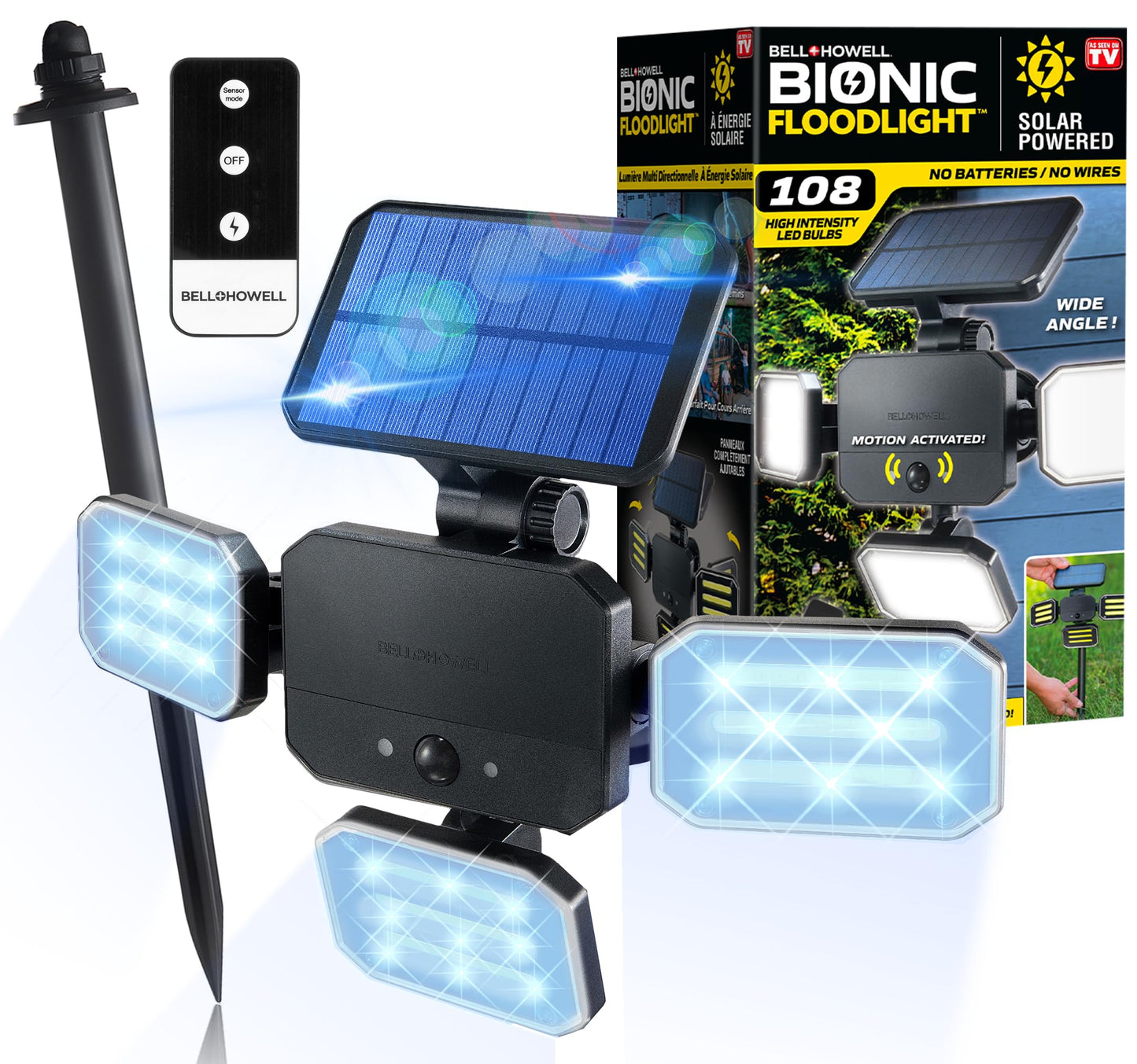 Bell+Howell Bionic Flood Light Solar Security Lights Outdoor Motion Sensor 108 COB-LED Floodlight with 180° Swivel/Adjustable Panel Design Waterproof Outside Lights with Sensor Solar Lights Outdoor