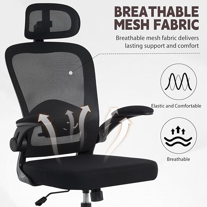 Rishtivin Ergonomic Office Chair with 3D Adjustable Lumbar Support, Mesh High Back, 75° Rotating Headrest, Rocking Function, 300lbs Capacity, Black/White (Black)