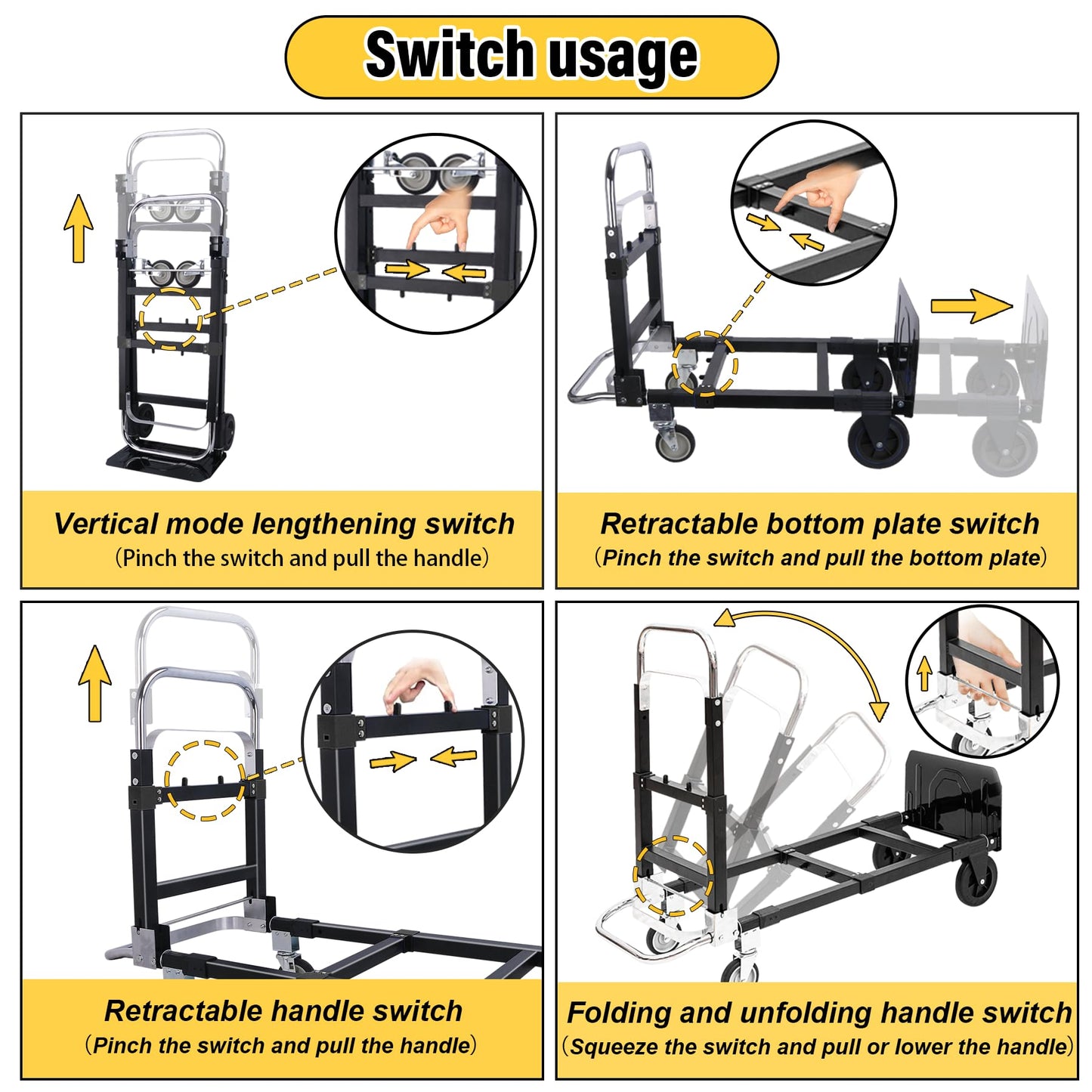 Upgraded 3 in 1 Folding Hand Truck, 600lbs Capacity, Heavy Duty Convertible Dolly with Retractable Handle and 4 Rubber Wheels, Collapsible Cart for Moving Home, Office, Warehouse (Black)
