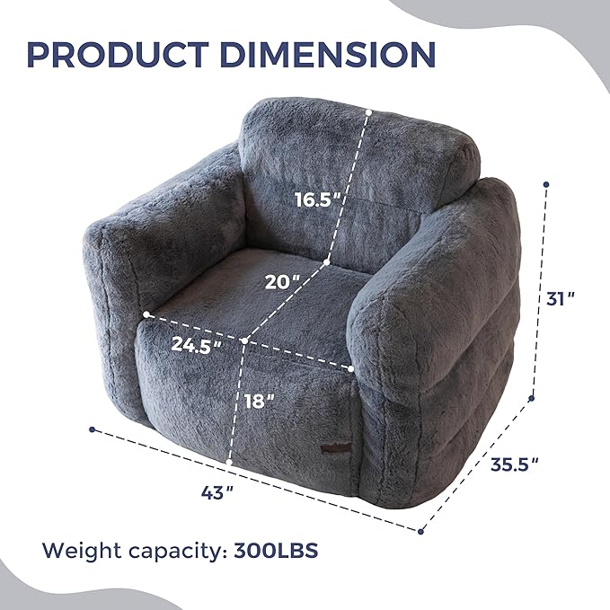 MAXYOYO Giant Bean Bag Chair for Adults, Ultra Soft Fluffy Bean Bag Sofa, Oversized Floor Sofa for Living Room Bedroom, Cozy Reading Chair with Filler, Dark Grey