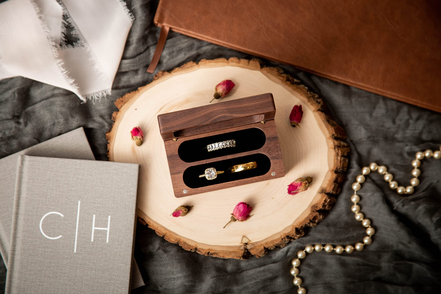 MUUJEE Engraved Ring Box (Two Become One) - Wedding Ring Bearer Box for 2 to 4 Rings Engagement Proposal Promise Ring Storage