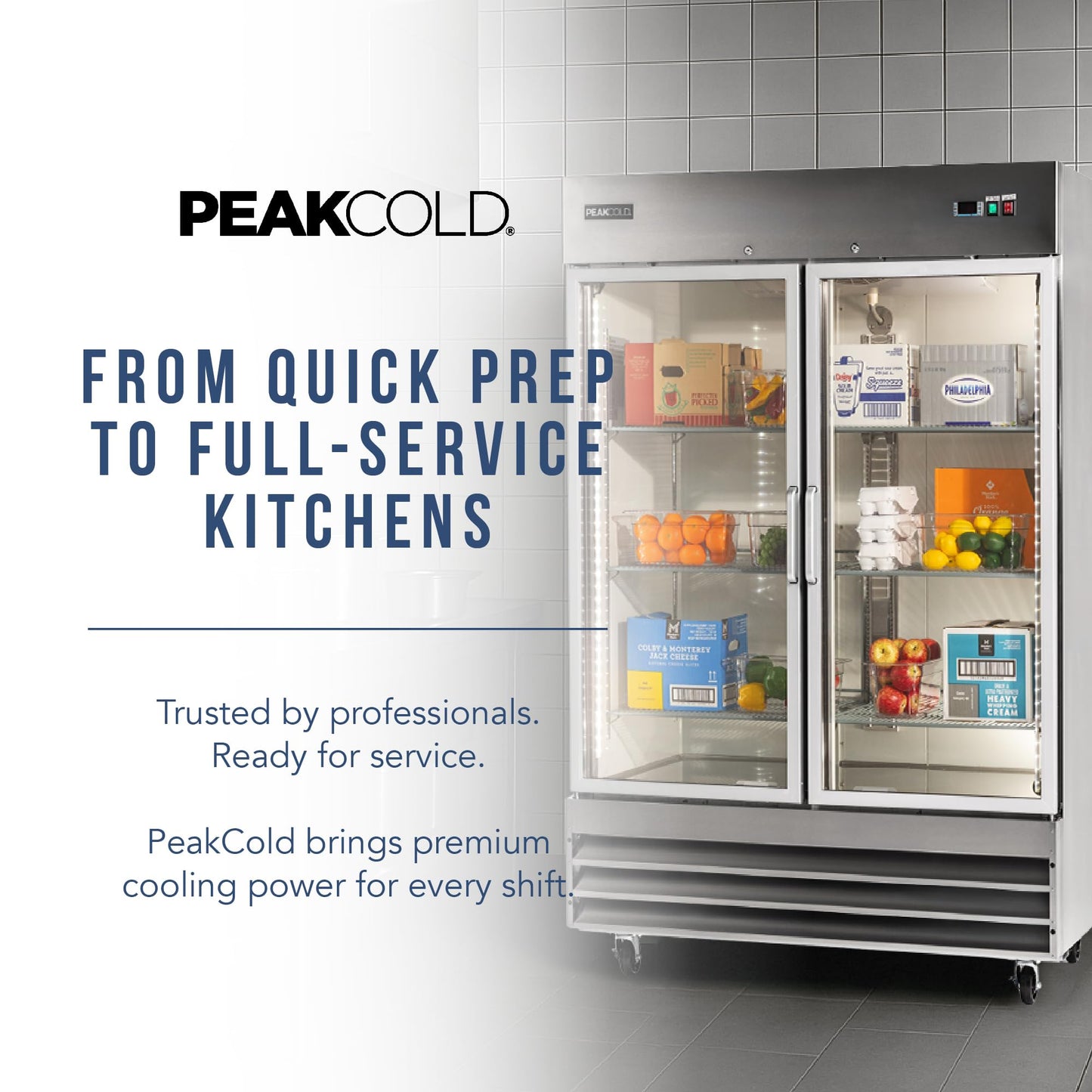PEAKCOLD Double Glass Door Commercial Refrigerator - 47 Cubic Ft, 54" Wide Stainless Steel Reach-In Commercial Refrigerator with White Internal Lighting - Freestanding Industrial Fridge