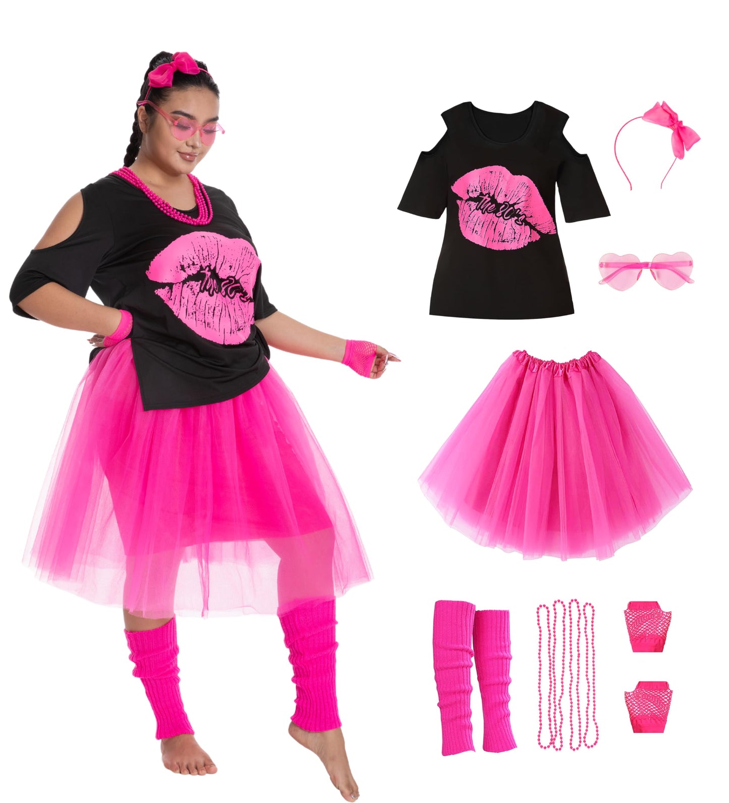 Seawhisper Plus Size 80s Outfit for Women Costumes 80s Shirt 80 Styles Clothes for Women Party Outfits Neon Accessories 20-22