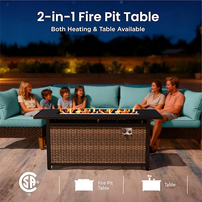 PHI VILLA Half Moon Patio Furniture Set with 56" Fire Pit Table, Outdoor Curved Wicker Sectional Sofa with Cushions and Ottomans, Aqua Blue