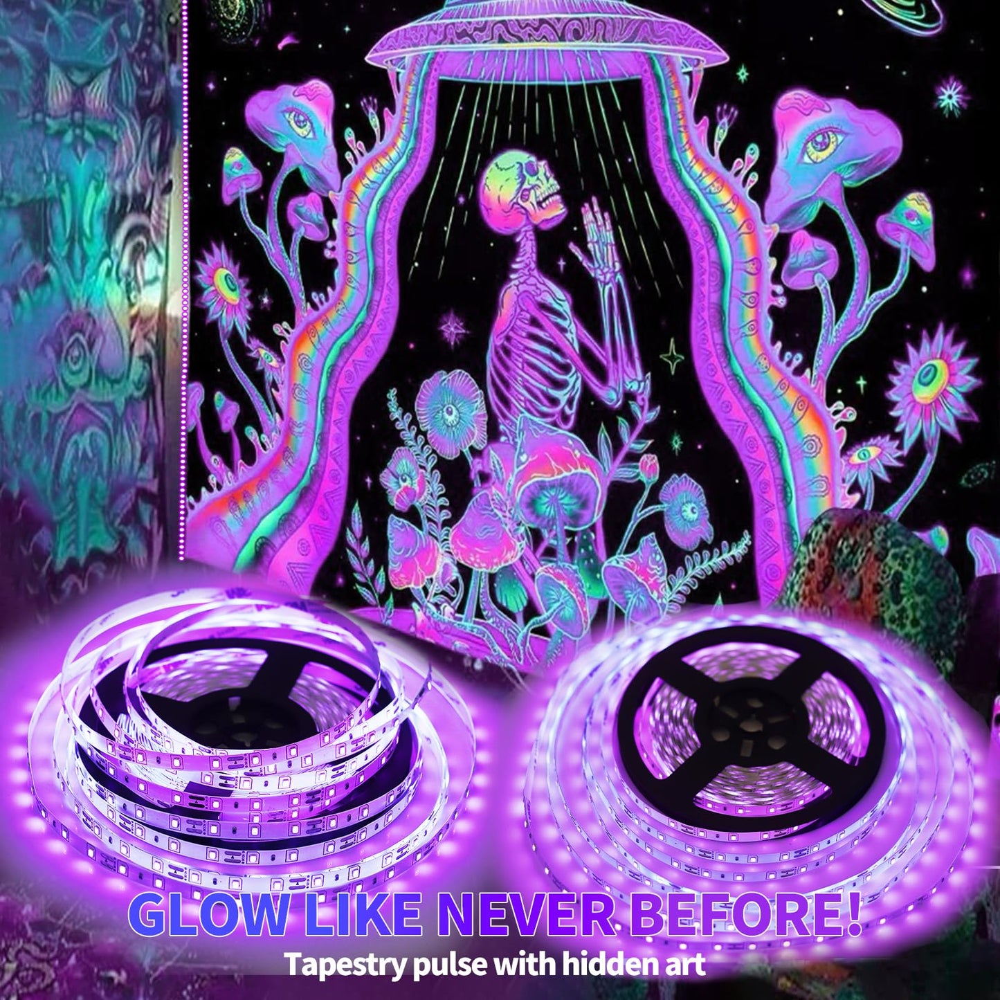 SHGPODA 66 Foot Black Light Strip & Remote, 1200LEDs, Dimmable 12V Flexible Black Lights for Glow Party, Bedroom, Halloween, Fluorescent Tapestry Poster, 3 Lighting Modes, Non-Waterproof