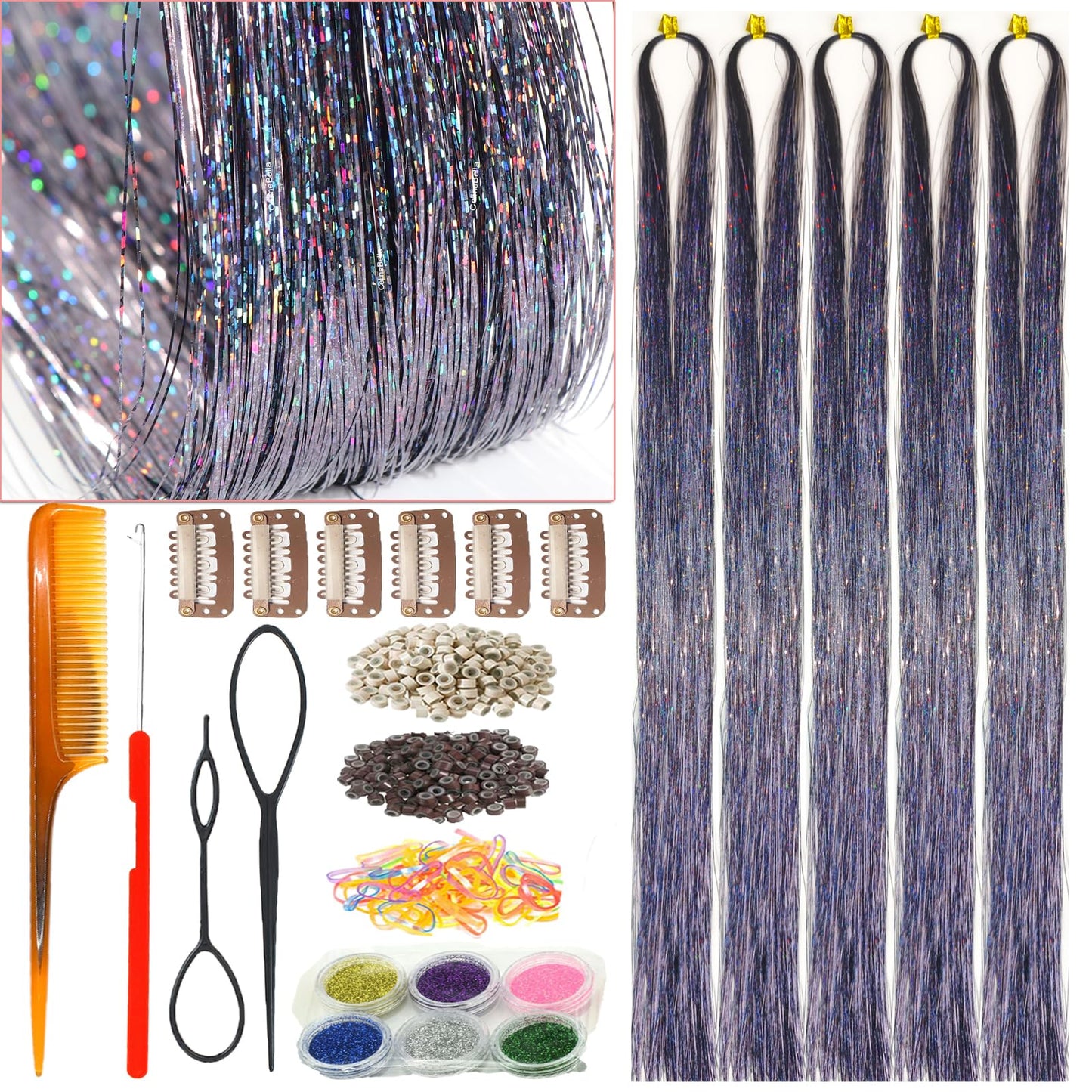 CelineBella Iron Grey Charcoal Gray Hair Tinsel,5 PCs/Pack,48 Inch,Heat Resistant,Dark Gray Hair Extensions for Kids Girls (Boxe